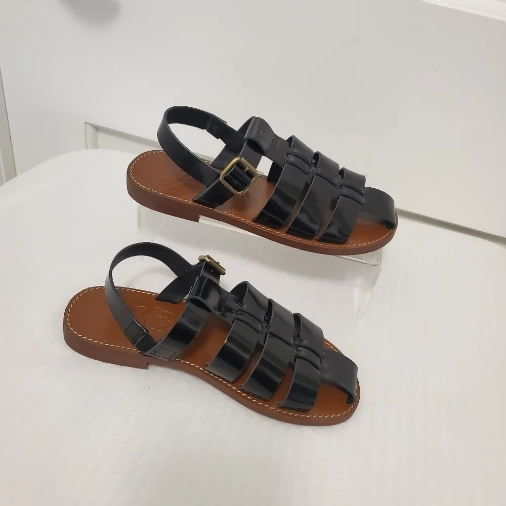 NWOB J. Crew Fisherman Spazzolato Shiny Black Leather Sandals Size 5